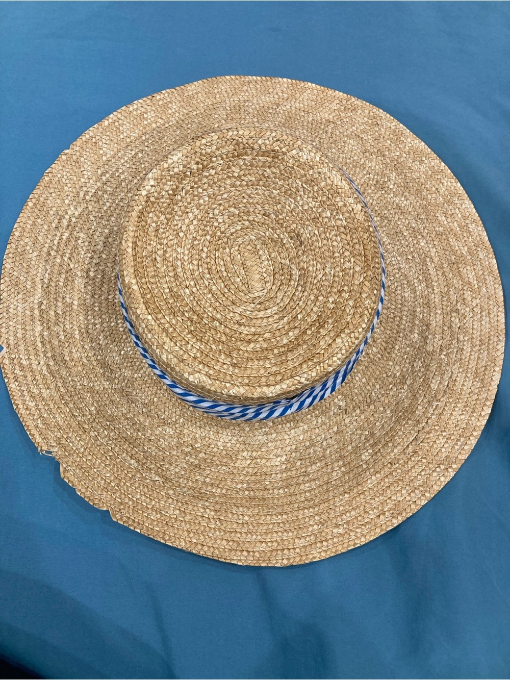 Natural Straw Wide-Brim Sun Hat with Blue Stripe Band